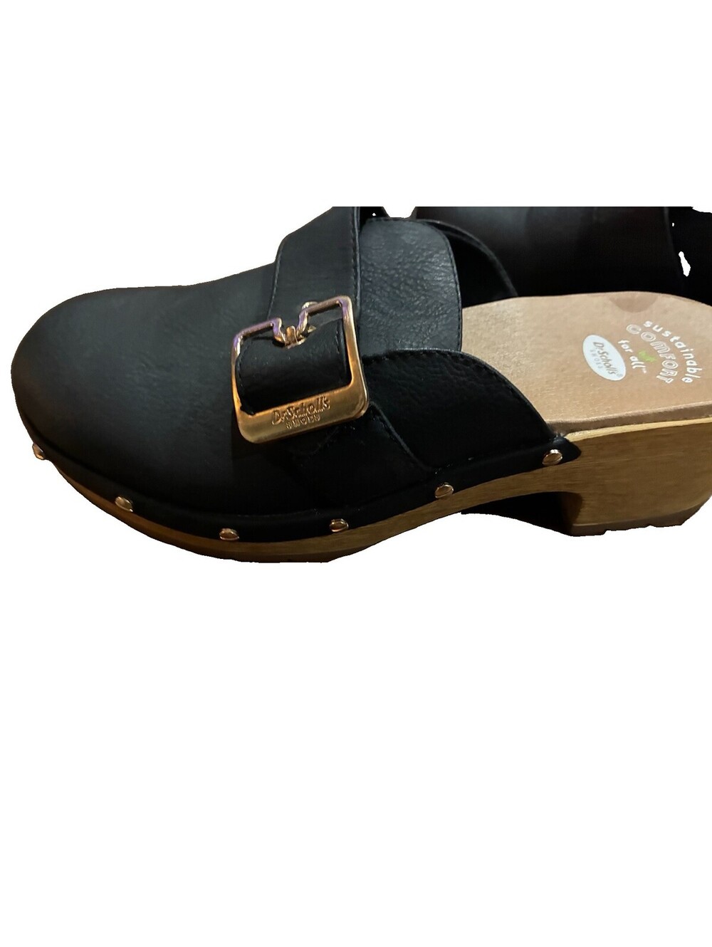 Dr. Scholl's Women's  Wooden Clog Mules Black Buckle Brass Studded Slip On Shoes